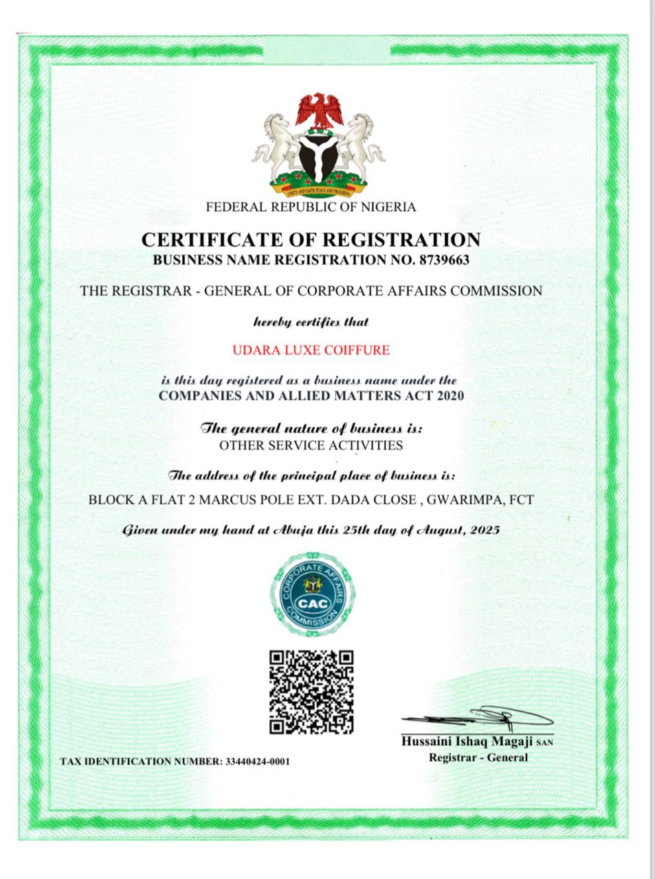 Certificate of Registration issued by the Corporate Affairs Commission to Udara Luxe Coiffure